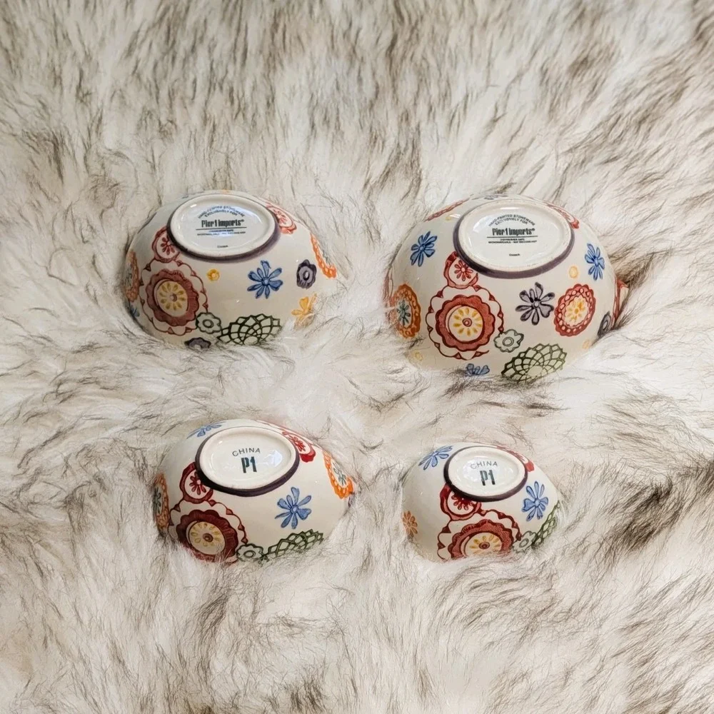 Pier 1 Imports Vibrant Floral Nesting Measuring Cups Stoneware 4 Piece Set